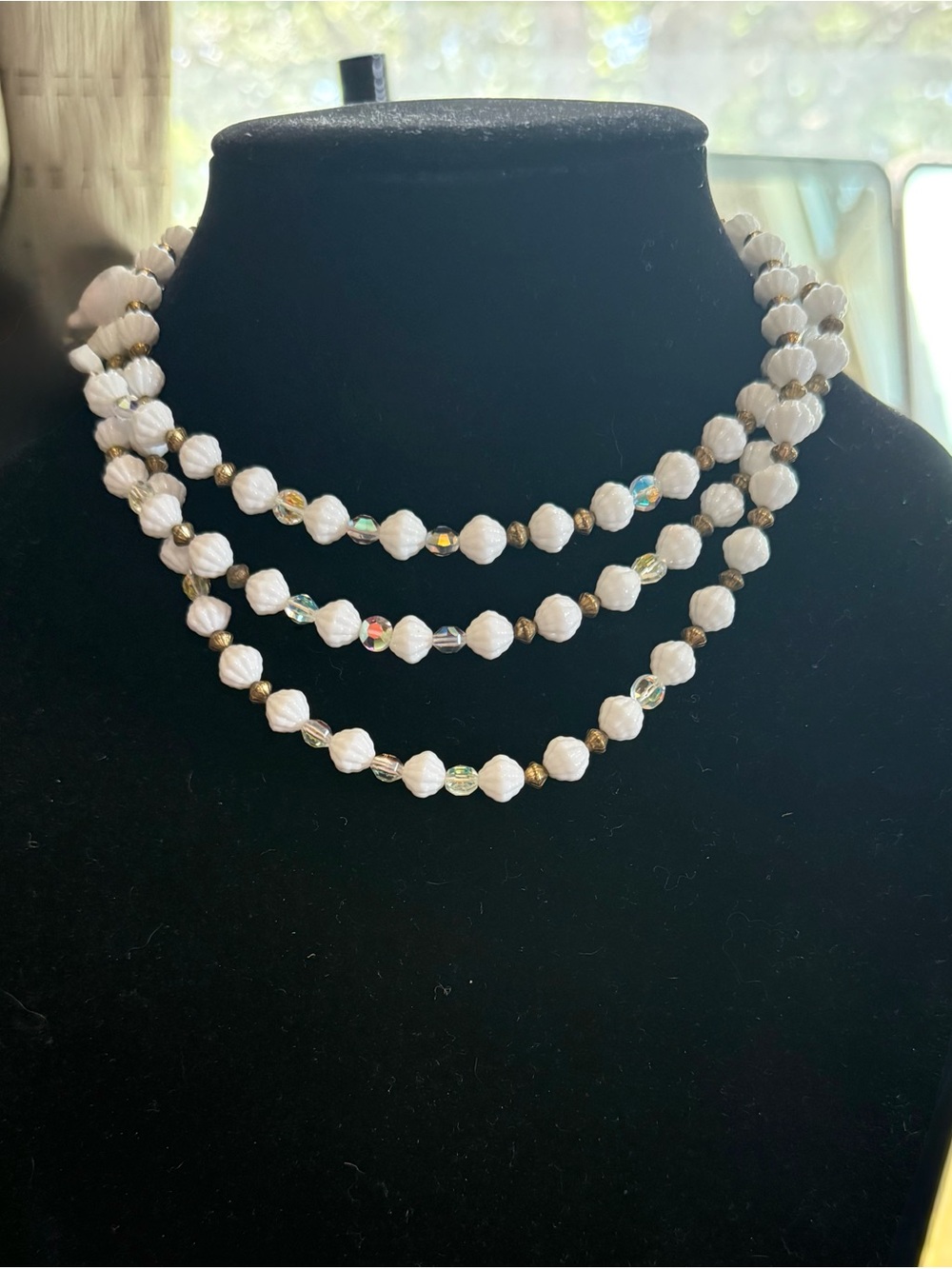 Classic Triple-Strand White Beads with Iridescent Rondelles 16”Layered Necklace